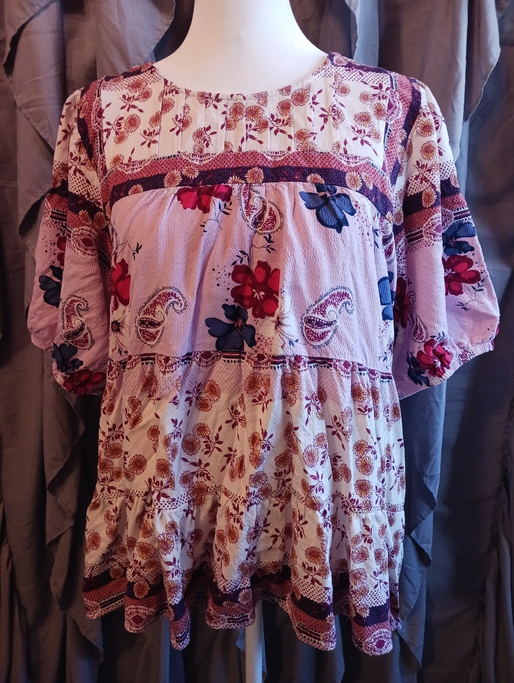 Nurture By Westbound Womens XL Boho Blouse Short Cute Lightweight Colorful Roomy